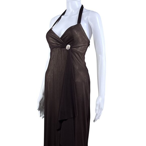 Cache Womens 8 Halter Backless Brown Gold Shimmer Evening Gown Rhinestone Accent - Picture 5 of 16